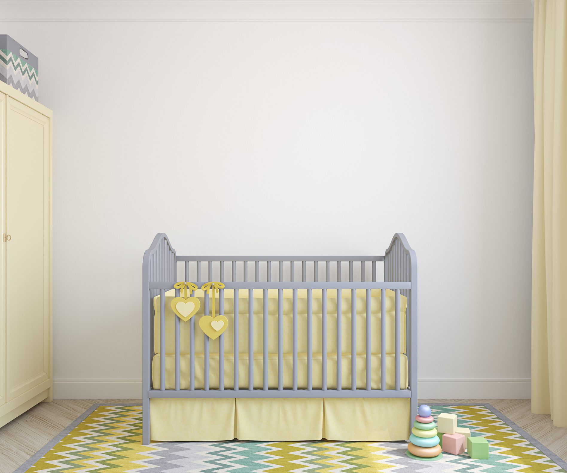 Yellow and Gray Baby Crib Frontal view